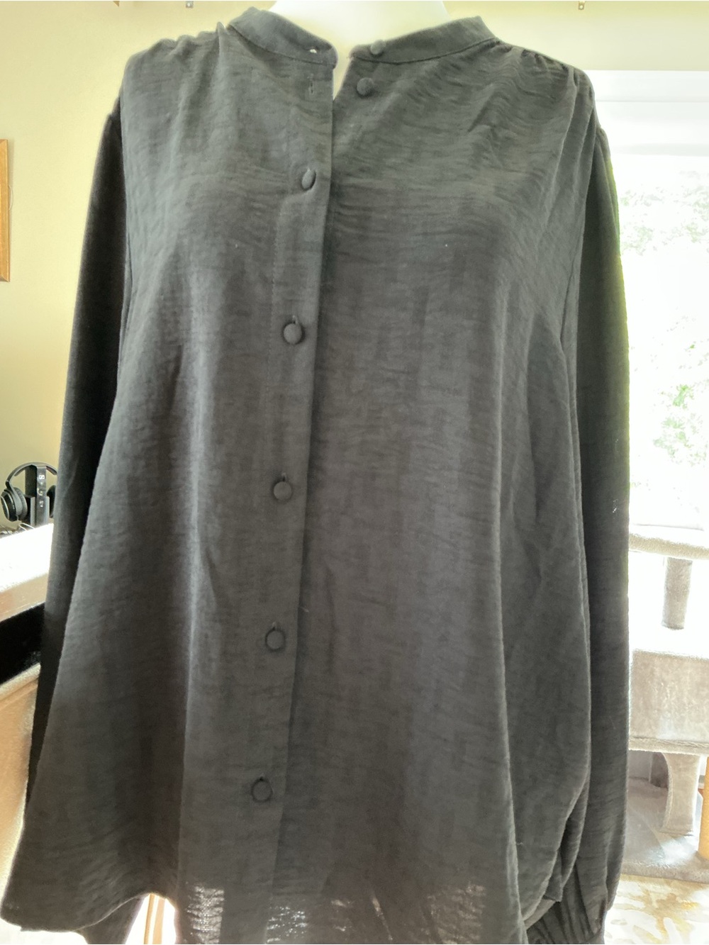 Black Button-Front Lightweight Blouse